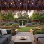 A photorealistic image of a suburban backyard at golden hour, featuring a cedar pergola with wisteria and string lights, modern outdoor seating, raised garden beds, a native garden, a vertical garden wall, and a stone birdbath, all captured in high detail with a cinematic lighting effect.