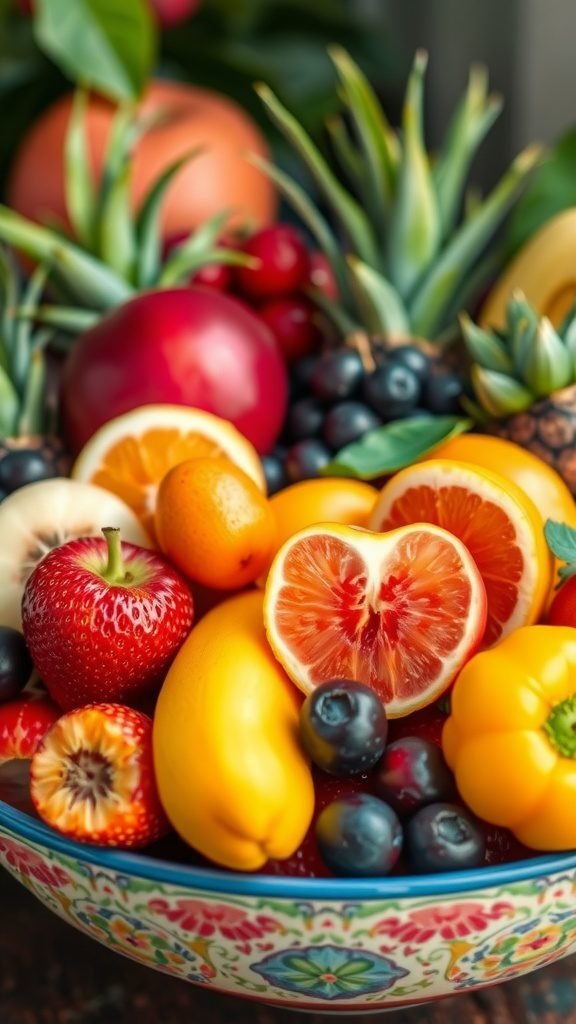 A bowl filled with colorful fruits including strawberries, bananas, oranges, and blueberries, set against a decorative background.