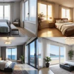 Photorealistic composite of four bedroom styles: a cottage-style room with whitewashed walls and vintage elements; a coastal-themed room with oceanic colors and large windows; a traditional luxury room featuring rich jewel tones and a crystal chandelier; and a minimalist contemporary space with a matte black bed and concrete floors.