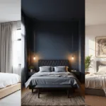 A cinematic triptych of bedroom designs: a zen-inspired light airy room with natural elements, a moody boutique-style room with deep hues and luxurious textures, and an eclectic bohemian room with vintage decor and vibrant colors.