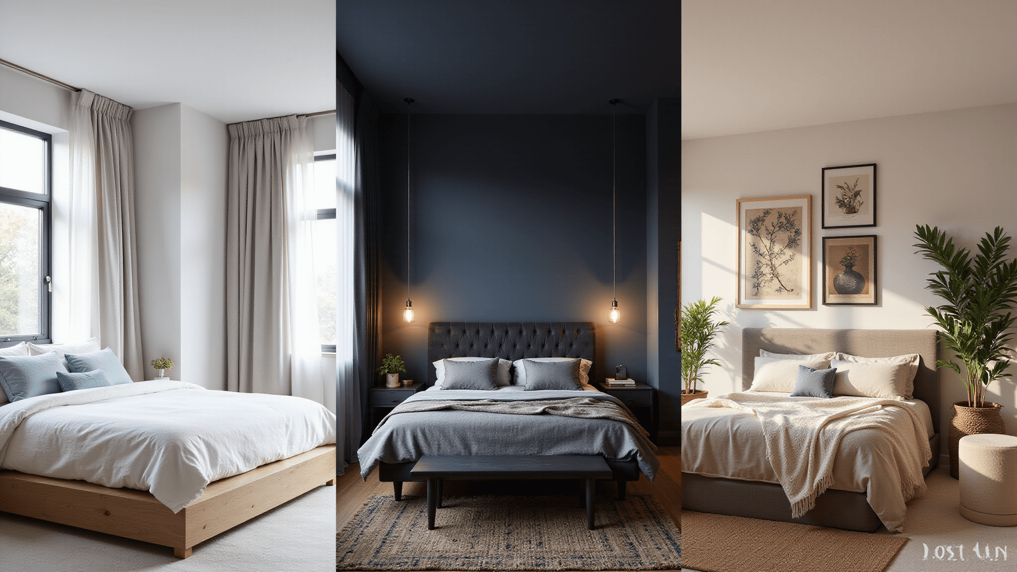 A cinematic triptych of bedroom designs: a zen-inspired light airy room with natural elements, a moody boutique-style room with deep hues and luxurious textures, and an eclectic bohemian room with vintage decor and vibrant colors.