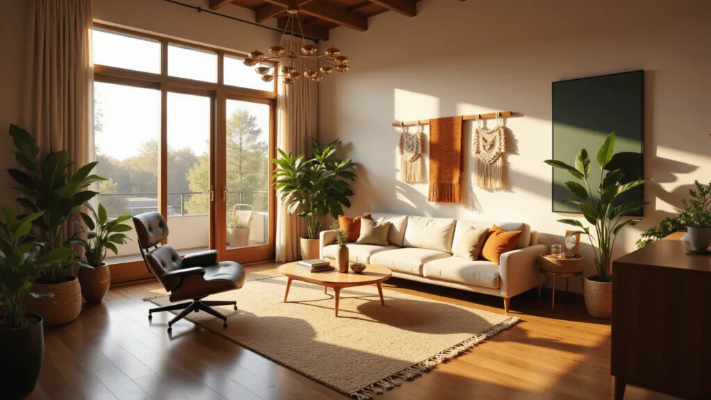 Sunlit mid-century modern living room with Eames lounge chair, ivory sectional, Persian and jute rugs, brass Sputnik chandelier, large plants, and macramé wall hangings, highlighting textures and warm tones.