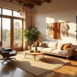 Sunlit mid-century modern living room with Eames lounge chair, ivory sectional, Persian and jute rugs, brass Sputnik chandelier, large plants, and macramé wall hangings, highlighting textures and warm tones.