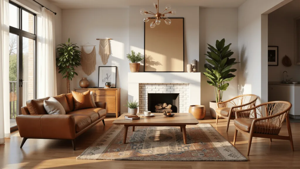 Sunlit boho mid-century modern living room with a cognac leather sofa, textured pillows, and a walnut coffee table on layered rugs, featuring rattan chairs, a white brick fireplace, macramé art, minimalist prints, and a fiddle leaf fig plant.