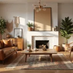 Sunlit boho mid-century modern living room with a cognac leather sofa, textured pillows, and a walnut coffee table on layered rugs, featuring rattan chairs, a white brick fireplace, macramé art, minimalist prints, and a fiddle leaf fig plant.
