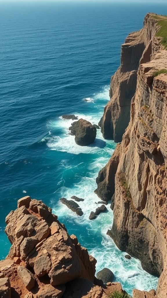 Aerial view of ocean cliffs with waves crashing against rocks