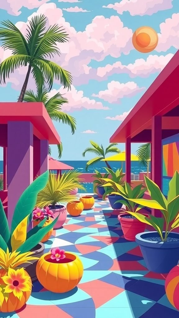 A vibrant outdoor scene featuring colorful pots and geometric patterns on the ground.