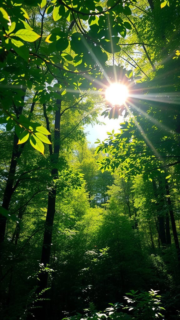 Sun rays shining through green leaves in a forest