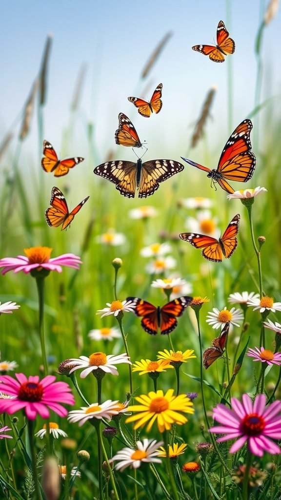 Colorful butterflies flying over flowers in a sunny meadow