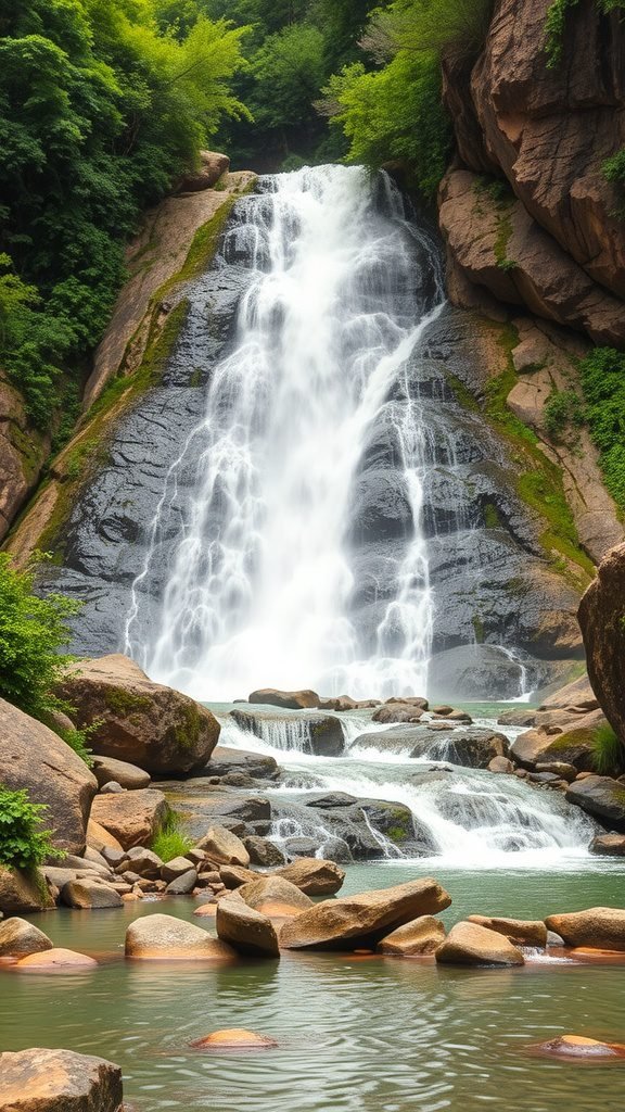 A scenic waterfall surrounded by greenery and rocks