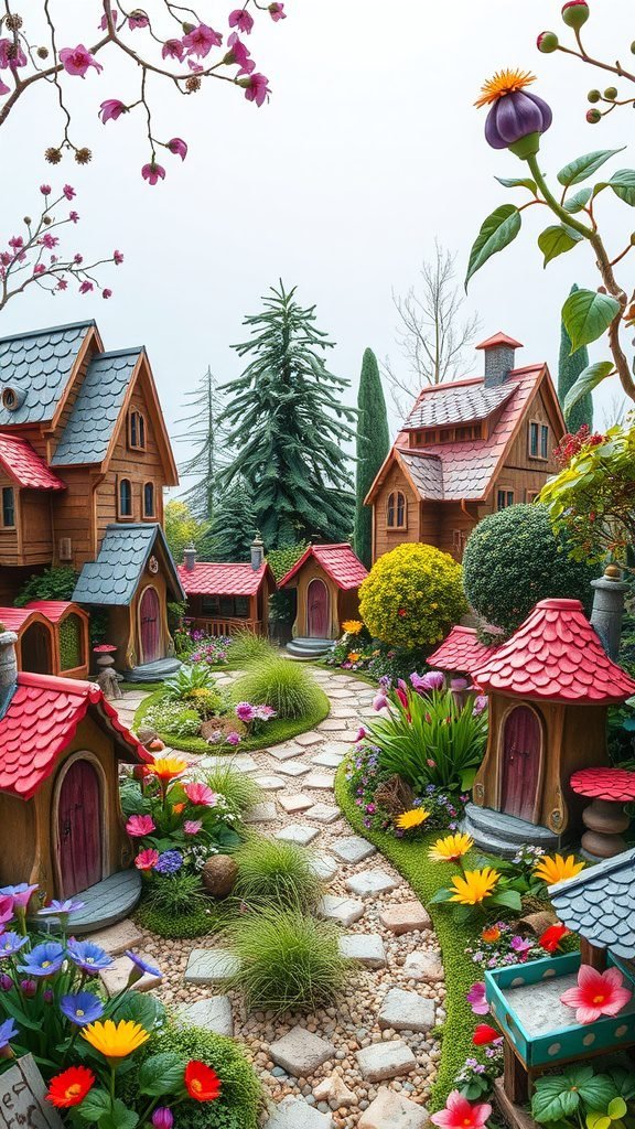 A vibrant fairy garden with small houses, flowers, and a winding path