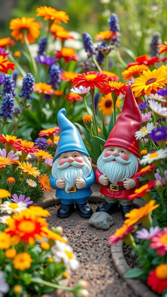 Two colorful garden gnomes in a flower bed with vibrant blooms