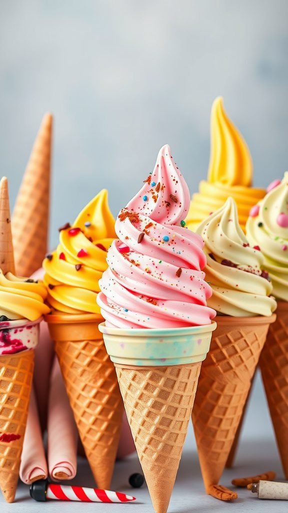 A collection of ice cream cones with colorful swirls of ice cream on top.