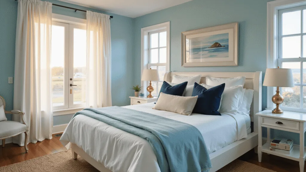 Photorealistic interior of a coastal bedroom featuring a king-size bed adorned with layered textures in warm morning light, pale aqua walls, sheer white curtains, and a natural jute rug, creating a serene and inviting atmosphere.