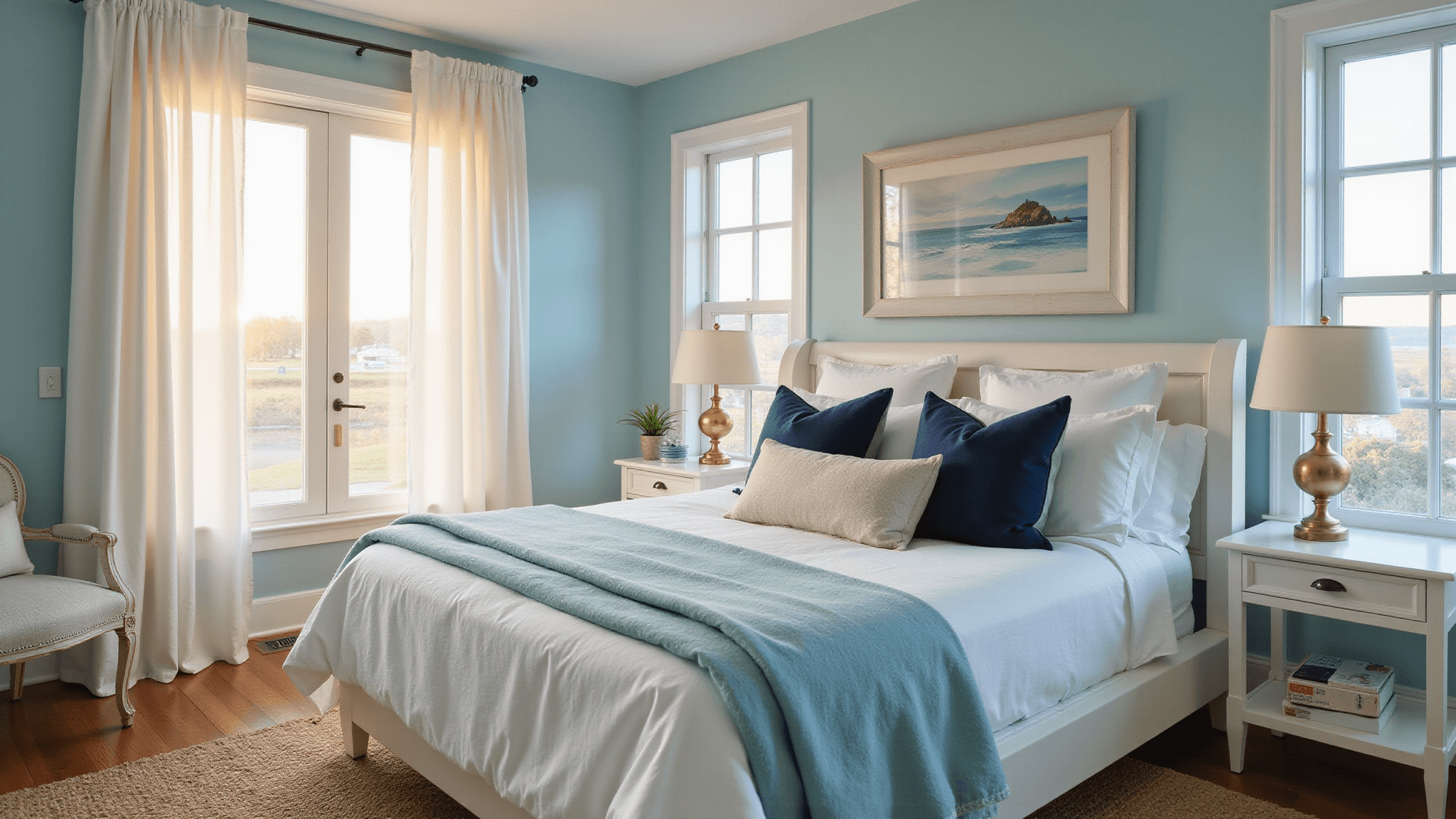 Photorealistic interior of a coastal bedroom featuring a king-size bed adorned with layered textures in warm morning light, pale aqua walls, sheer white curtains, and a natural jute rug, creating a serene and inviting atmosphere.