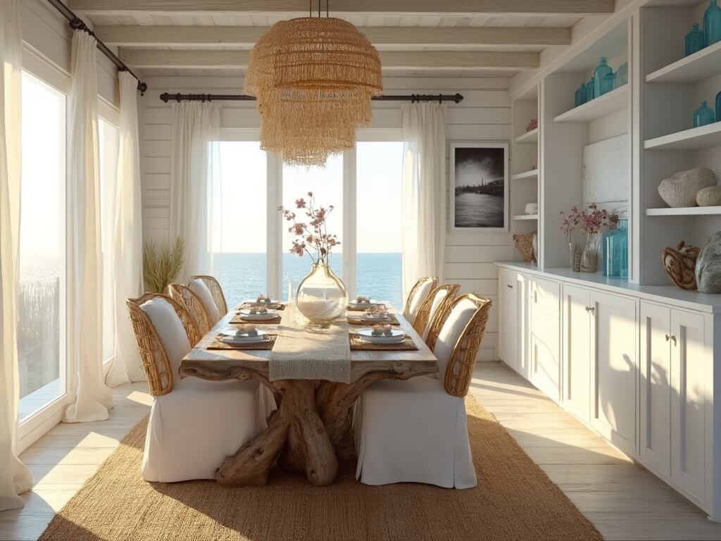 A coastal dining room at golden hour with driftwood table, mixed seating, and ocean views through billowing curtains.