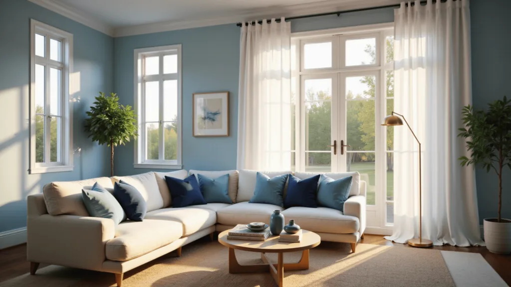 A serene coastal living room with light blue walls and golden hour sunlight streaming through large windows, featuring a cream L-shaped sofa, velvet pillows, a natural jute rug, and a white oak coffee table, with bokeh effect and detailed textures.