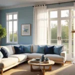 A serene coastal living room with light blue walls and golden hour sunlight streaming through large windows, featuring a cream L-shaped sofa, velvet pillows, a natural jute rug, and a white oak coffee table, with bokeh effect and detailed textures.
