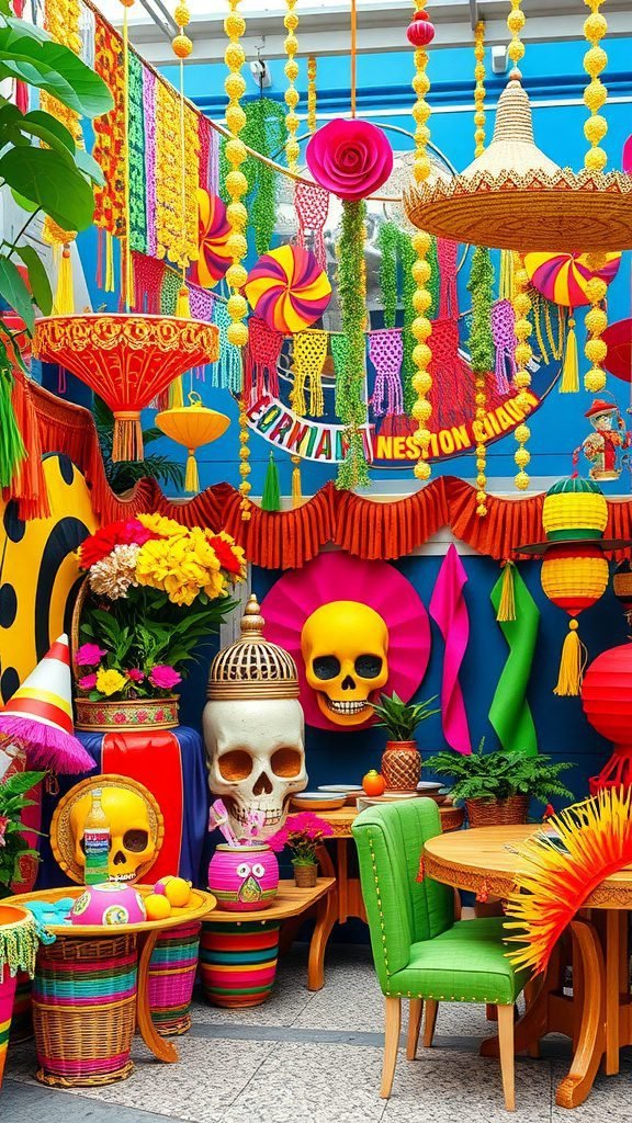 Colorful decorations featuring skulls, lanterns, and vibrant flowers in a festive setting.