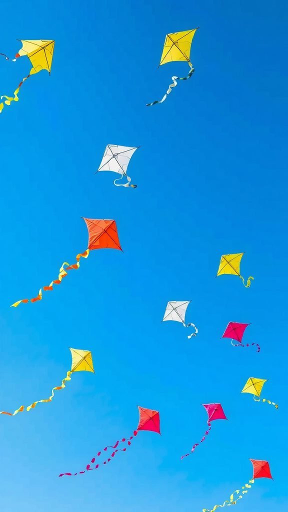 Colorful kites flying in a clear blue sky