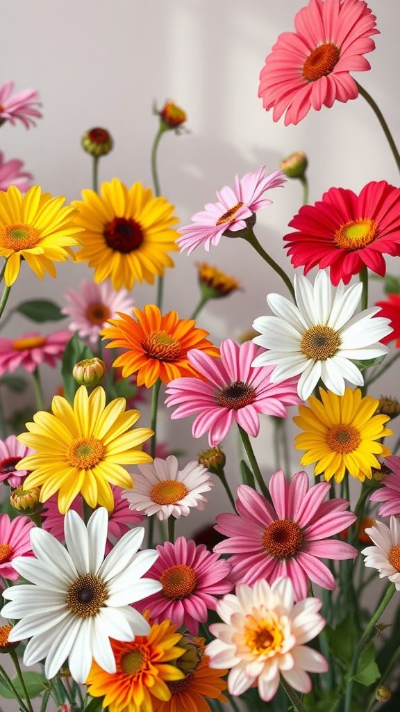 A vibrant collection of colorful flowers, including yellow, pink, and white blooms.