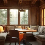 A cozy breakfast nook in a rustic cabin with early morning sunlight filtering through large windows, highlighting an L-shaped cedar bench with cream cushions, a reclaimed wood table, vintage leather chairs, and a brass pendant light; features include exposed beams, a stone wall, copper French press, plaid throws, and a view of the pine forest.