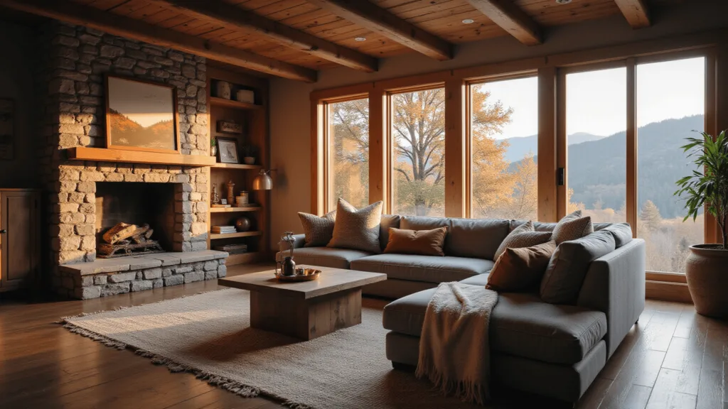 Alt text: Cozy mountain cabin living room with dramatic natural light, exposed wooden beams, stone fireplace, and a grey sectional sofa. The golden hour illuminates textured throws, kilim pillows, and vintage copper accents. Reclaimed wood coffee table, woven rugs, and sheepskin add to the rustic yet modern comfort. Photographed with symmetrical framing and ultra-detailed textures.