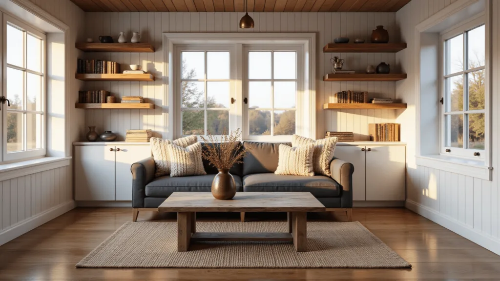 Photorealistic interior of a cozy cabin during golden hour, featuring warm sunlight on whitewashed pine walls, a gray sofa with cream and rust throws, oak shelving, a reclaimed wood coffee table with dried wildflowers, brass pendant lights, a jute rug over hardwood floors, and a Scandinavian-rustic aesthetic.
