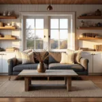 Photorealistic interior of a cozy cabin during golden hour, featuring warm sunlight on whitewashed pine walls, a gray sofa with cream and rust throws, oak shelving, a reclaimed wood coffee table with dried wildflowers, brass pendant lights, a jute rug over hardwood floors, and a Scandinavian-rustic aesthetic.