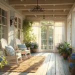 Wide-angle view of a luxurious cottage porch with exposed beams, vintage decor, and soft lighting at golden hour.