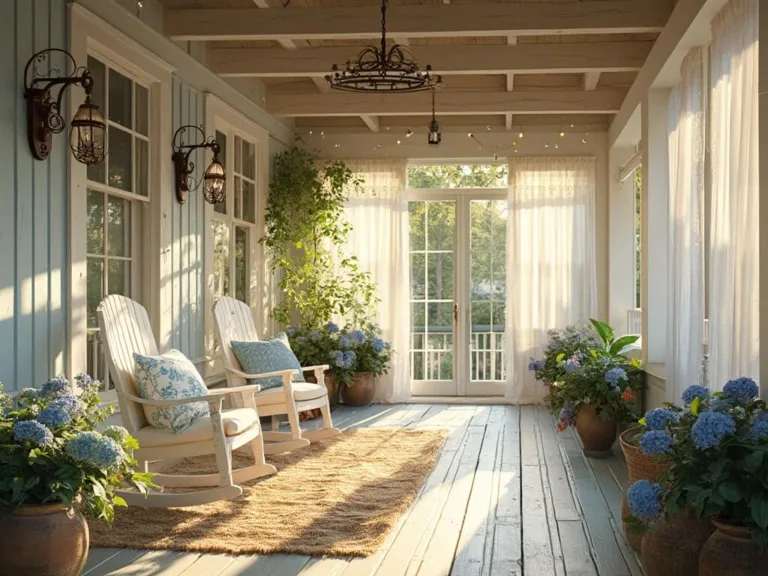 Wide-angle view of a luxurious cottage porch with exposed beams, vintage decor, and soft lighting at golden hour.