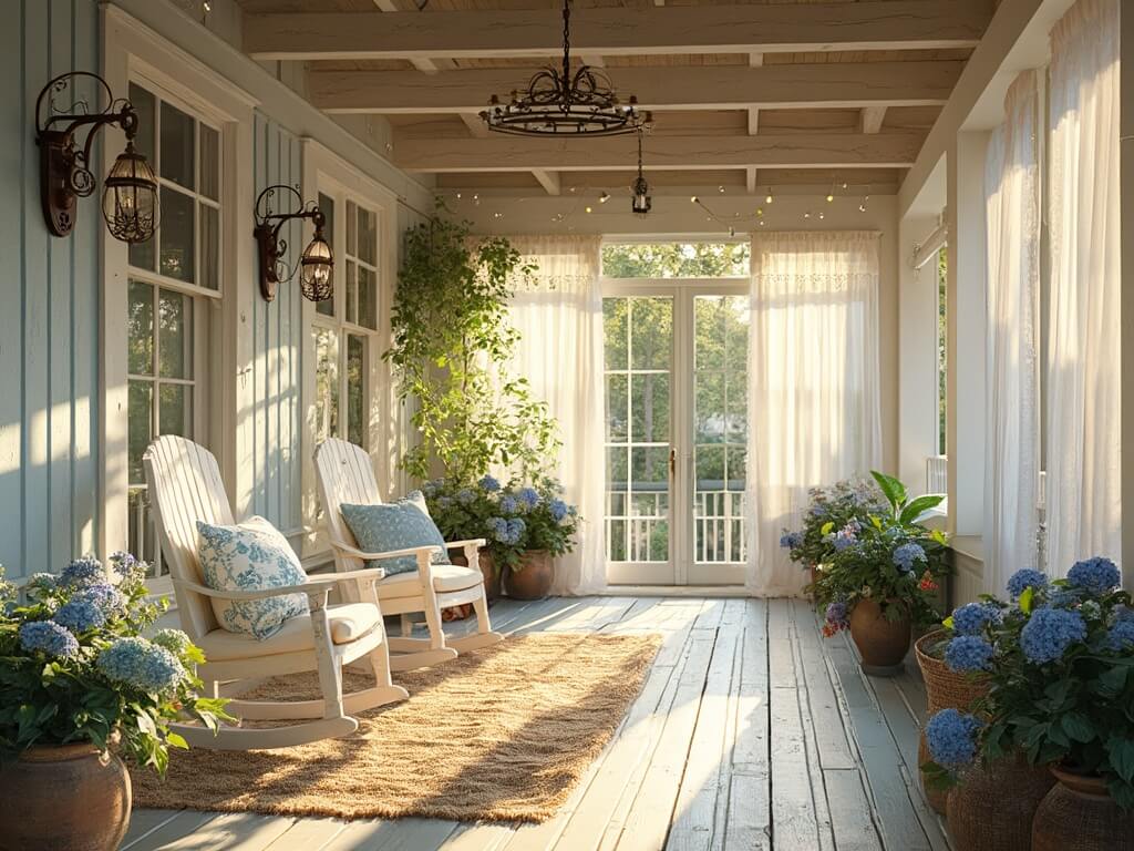 Wide-angle view of a luxurious cottage porch with exposed beams, vintage decor, and soft lighting at golden hour.