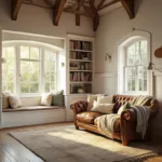 A cozy cottage living room with a high cathedral ceiling and exposed oak beams, featuring a weathered leather Chesterfield sofa with cream and sage throws, Swiss Coffee white walls with beadboard wainscoting, a built-in window seat with linen cushions, and floor-to-ceiling bookshelves filled with vintage books. Warm golden sunlight streams through mullioned windows, highlighting an antique brass lamp and distressed oak floors with a vintage wool rug, captured in photorealistic detail.