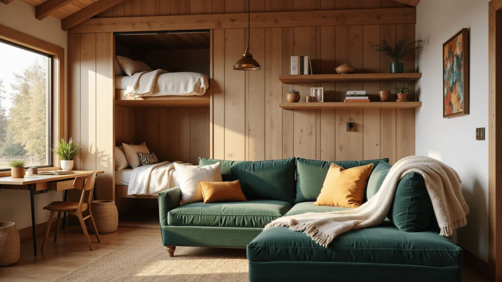 Cozy cabin living room with a rustic-modern blend, featuring a sunlit space with large windows, a Murphy bed in wood paneling, home office nook, green velvet sectional, leather accents, wool throws, wooden beams, brass lights, jute rug, and plants.