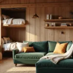 Cozy cabin living room with a rustic-modern blend, featuring a sunlit space with large windows, a Murphy bed in wood paneling, home office nook, green velvet sectional, leather accents, wool throws, wooden beams, brass lights, jute rug, and plants.