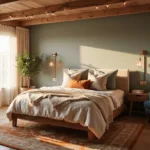 A cozy bedroom sanctuary during golden hour with warm sunlight streaming through sheer curtains, featuring a walnut platform bed with cream and oatmeal bedding, sage green accent wall, and brass sconces with Edison bulbs. A vintage Persian rug and a dusty blue velvet armchair with a throw complete the space, enhanced by a fiddle leaf fig and string lights on wooden beams.