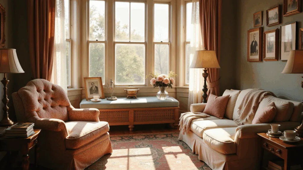 A sunlit Victorian living room featuring a plush floral armchair and cream linen sofa with pastel throws, illuminated by warm light from bay windows, adorned with pink peonies and layered textures, creating a nostalgic atmosphere.