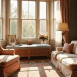 A sunlit Victorian living room featuring a plush floral armchair and cream linen sofa with pastel throws, illuminated by warm light from bay windows, adorned with pink peonies and layered textures, creating a nostalgic atmosphere.