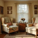 A warm, sunlit living room featuring a rose-patterned wingback armchair, weathered oak side table with brass candlesticks, vintage family photos on cream walls, and soft lace curtains. The scene includes a hand-crocheted throw blanket, velvet cushions, a worn oriental rug, and milk glass vases with dried hydrangeas, all captured in golden hour light with a cozy, lived-in atmosphere.