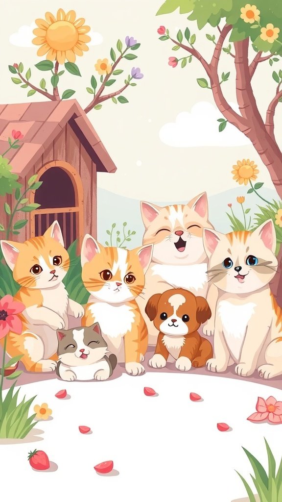 Illustration of playful cats and a puppy in a garden setting with a doghouse and flowers