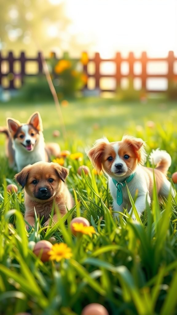Three cute puppies playing in a green yard filled with flowers and sunlight.