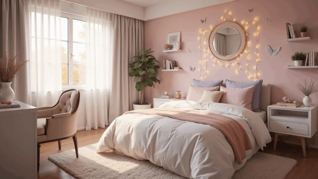 Photorealistic interior of a sunlit bedroom featuring a queen bed with cloud-like duvet and pastel pillows, surrounded by sheer curtains, string lights, and a blush pink accent wall with butterfly decals, all captured in warm pastel tones.