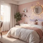 Photorealistic interior of a sunlit bedroom featuring a queen bed with cloud-like duvet and pastel pillows, surrounded by sheer curtains, string lights, and a blush pink accent wall with butterfly decals, all captured in warm pastel tones.