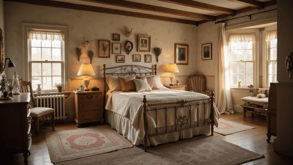 A dreamy Victorian bedroom bathed in golden hour light, featuring an antique brass bed with layered quilts, a weathered oak dresser with vintage decor, a gallery wall of sepia photographs, and a cozy bay window nook filled with leather-bound books.