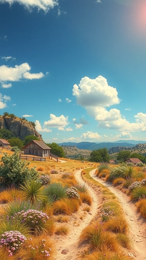 A serene landscape with a dirt path, wooden homes, and vibrant flowers under a blue sky with fluffy clouds.