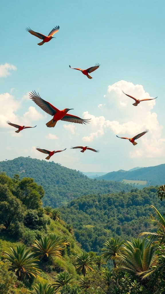 A scenic view of exotic birds flying over a lush mountainous landscape with palm trees under a clear sky.