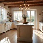 A sunlit French cottage kitchen with a farmhouse sink, open shelving with copper pots, a marble island with lavender, wrought-iron chandelier, and fresh baguettes, exuding golden hour ambiance.