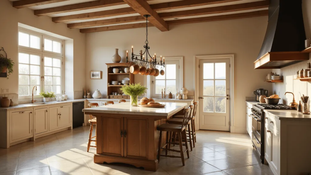 A sunlit French country kitchen at golden hour, featuring exposed beams, diamond-patterned limestone floor, creamy plaster walls, and a central island with a marble top. Copper pot rack hangs overhead, with a farmhouse sink beneath a window adorned with lavender pots. The space includes a matte black range, antique hutch, and vintage bistro stools.