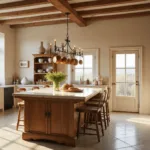A sunlit French country kitchen at golden hour, featuring exposed beams, diamond-patterned limestone floor, creamy plaster walls, and a central island with a marble top. Copper pot rack hangs overhead, with a farmhouse sink beneath a window adorned with lavender pots. The space includes a matte black range, antique hutch, and vintage bistro stools.