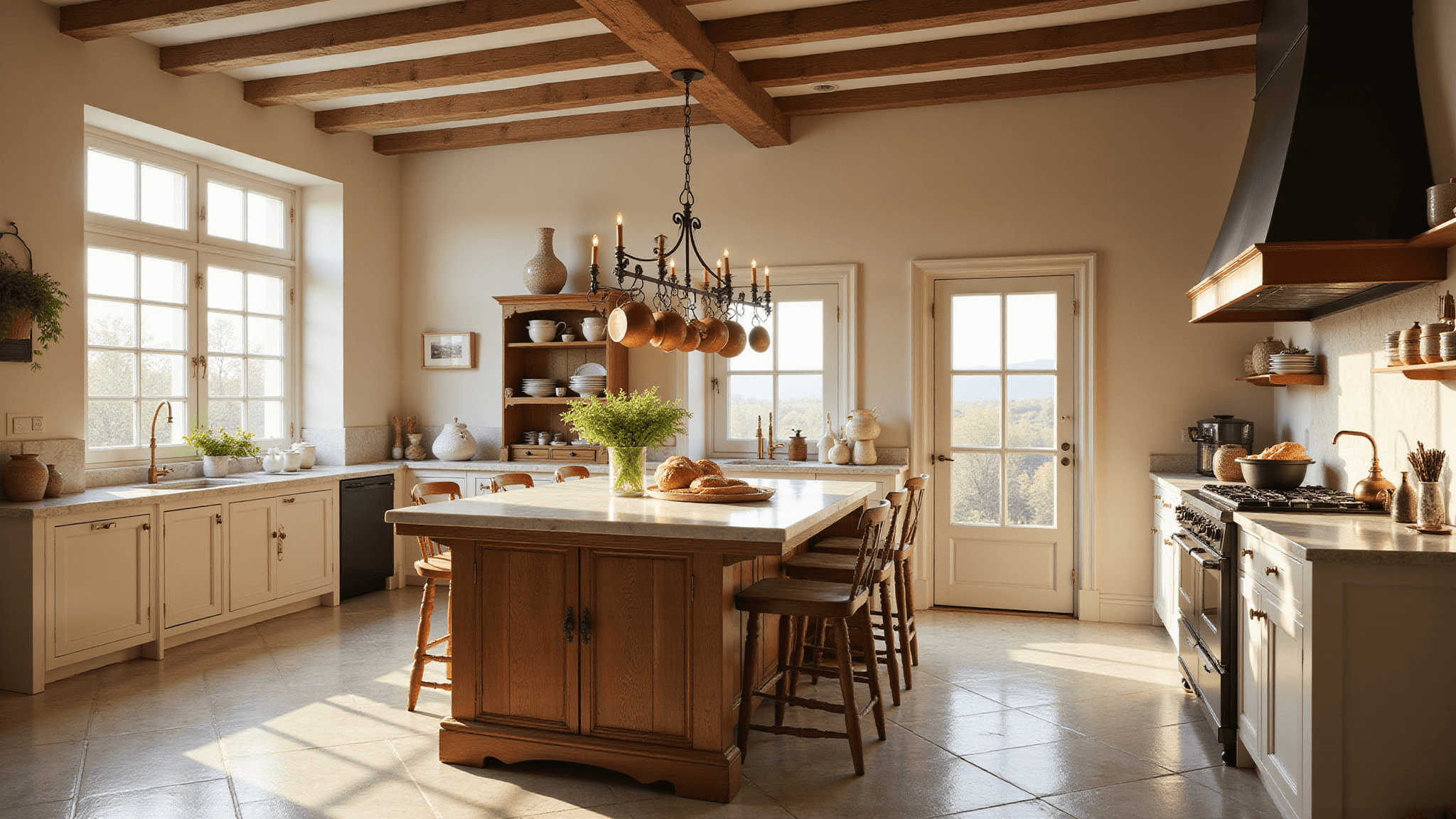 A sunlit French country kitchen at golden hour, featuring exposed beams, diamond-patterned limestone floor, creamy plaster walls, and a central island with a marble top. Copper pot rack hangs overhead, with a farmhouse sink beneath a window adorned with lavender pots. The space includes a matte black range, antique hutch, and vintage bistro stools.